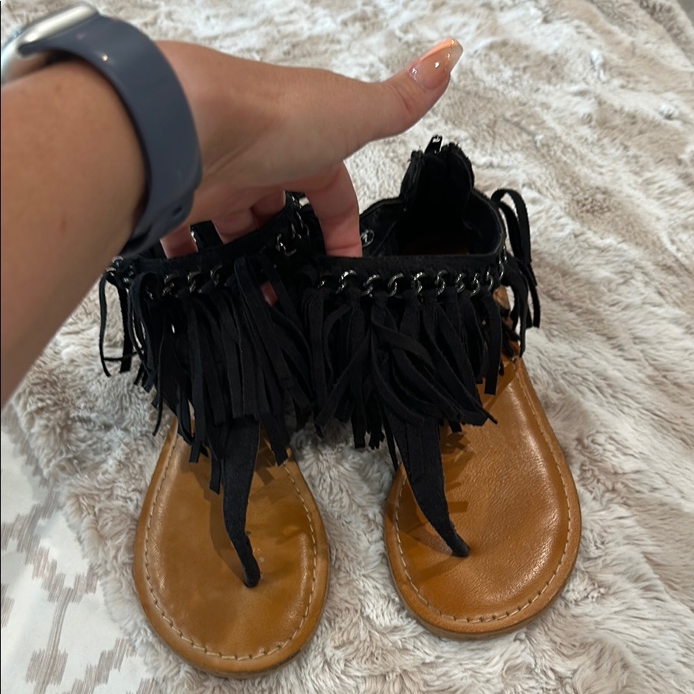 Not Rated Black and Tan Fringe Sandals